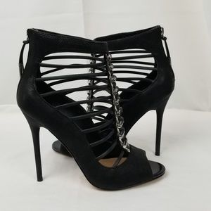 L.A.M.B. Black Strappy Sandals Peep Toe Heels 7.5